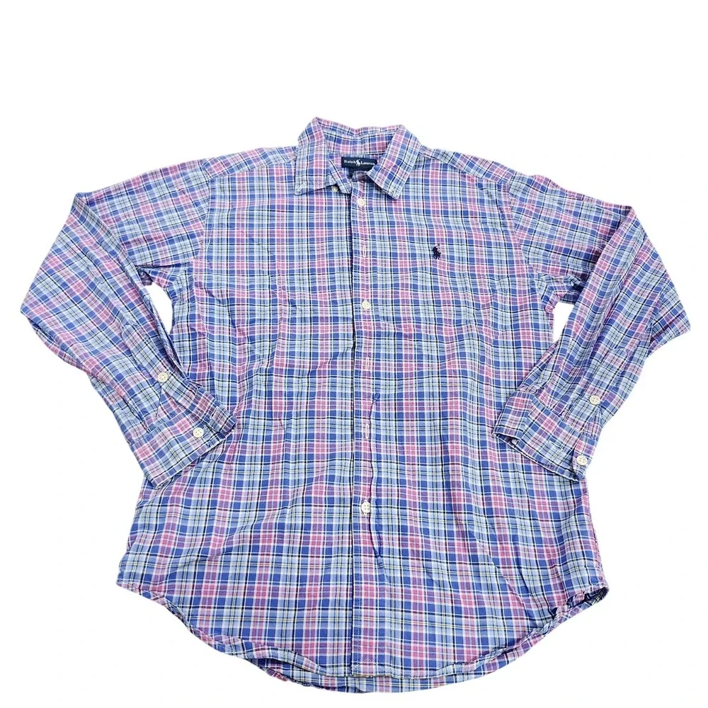 Ralph Lauren Shirt Boys Large 16/18 Blue Pink Plaid Button Down Long Sleeve Pony